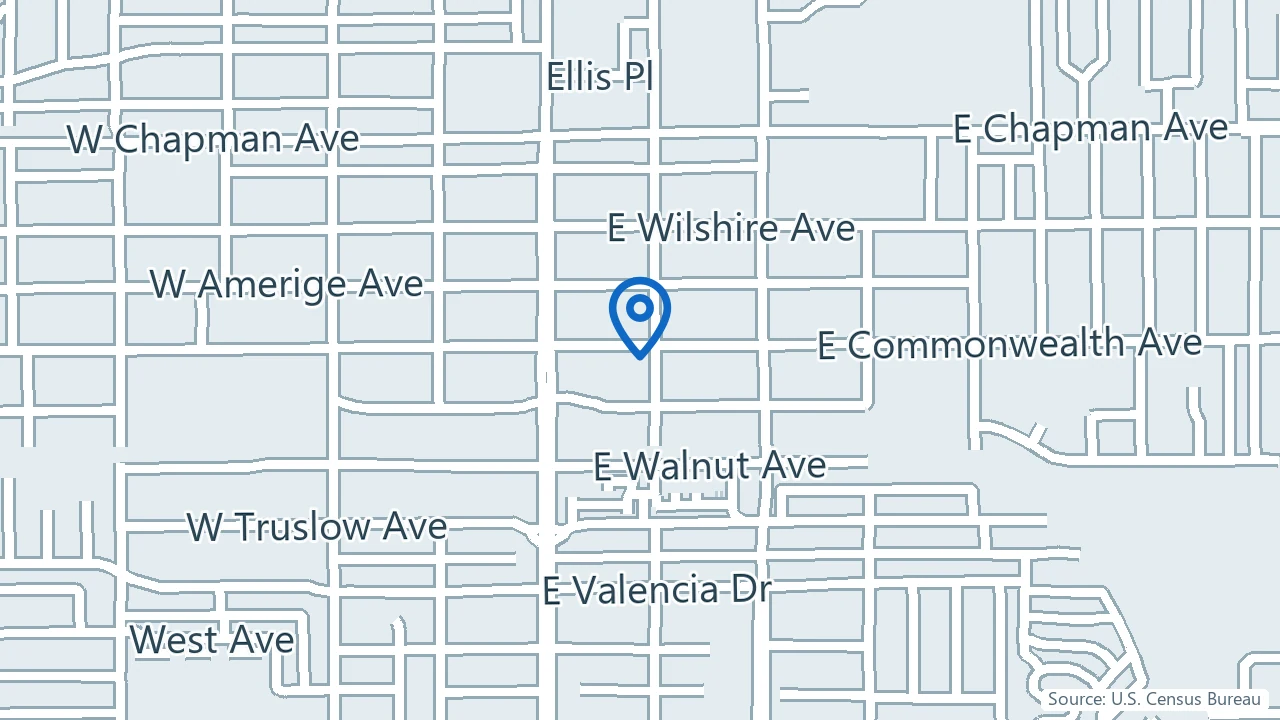 Map showing Sunny Hills Behavioral Health in Fullerton, California