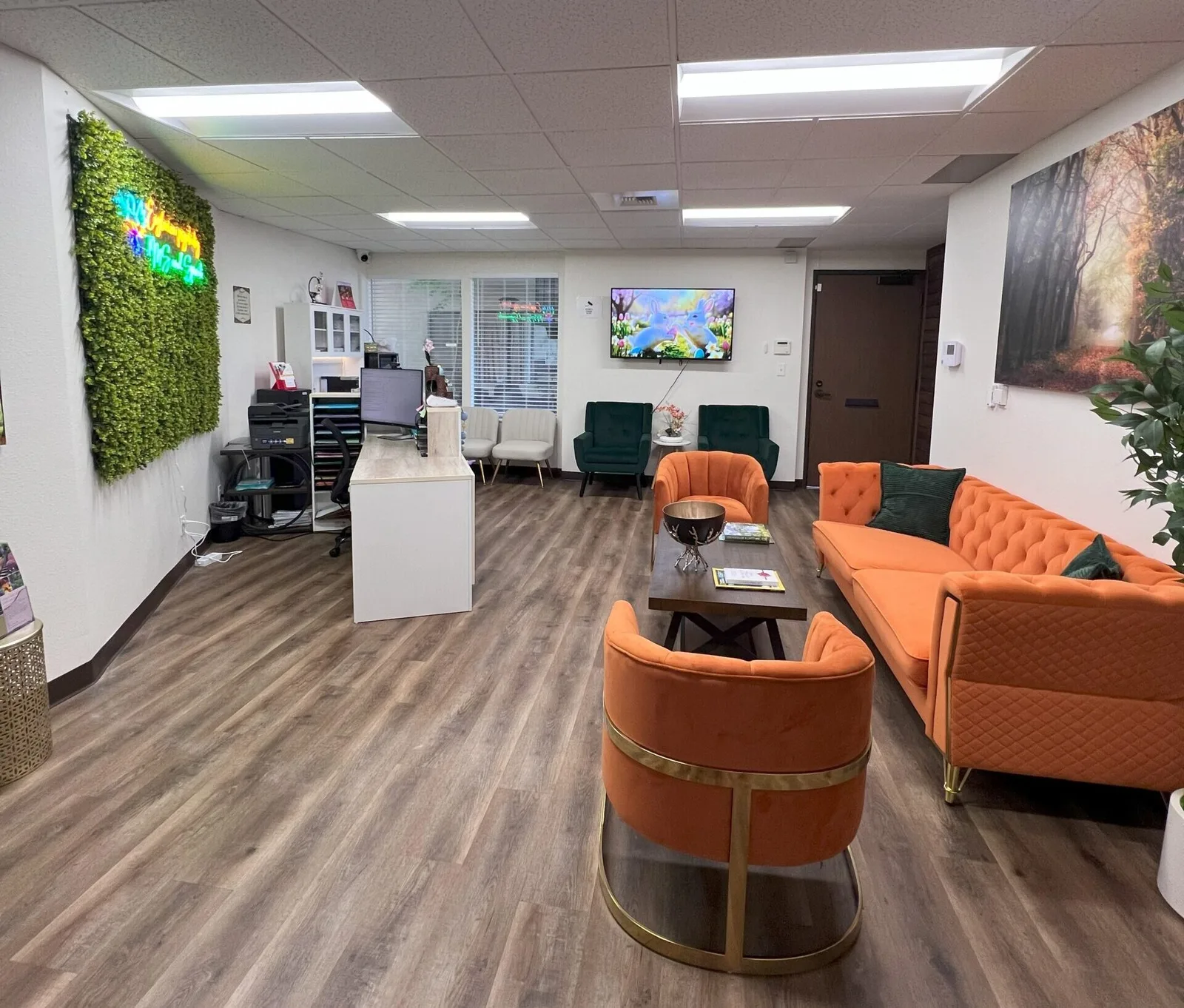 Empty Arden Arcade clinic lobby with sofas, reception counter, and plants.