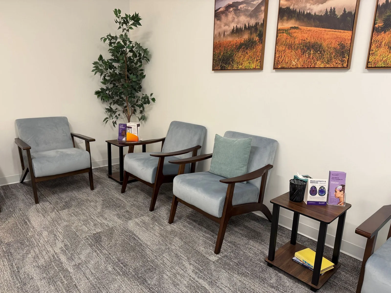 Empty Portland clinic waiting room with sofas and reception furnishings.