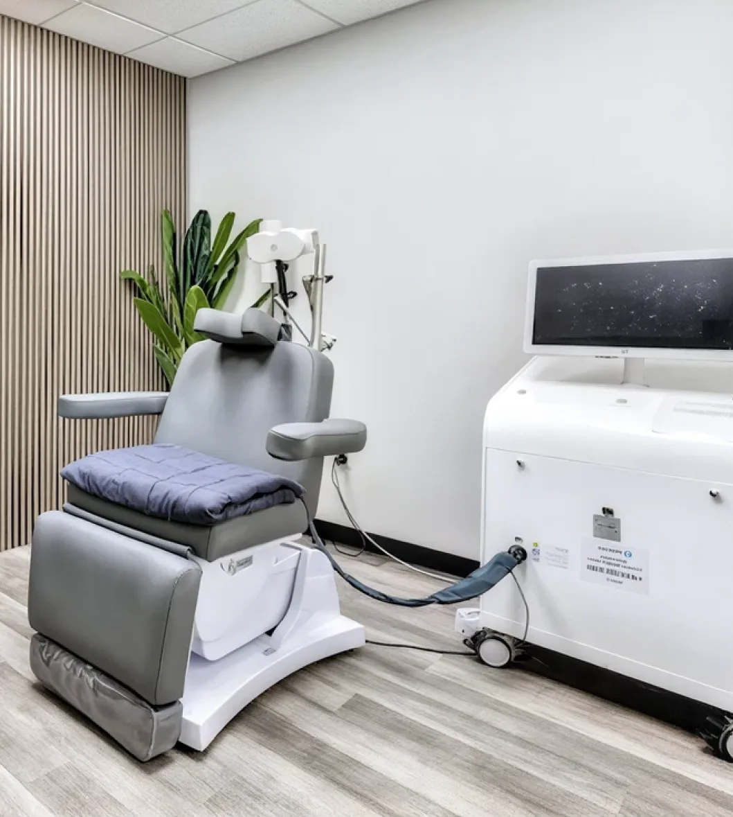 Empty Scottsdale TMS treatment room with treatment chair and equipment.