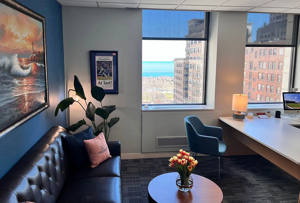 Empty consultation room with large office windows